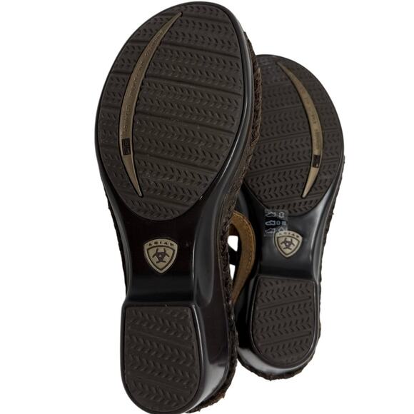 ARIAT SHALIMAR Brown Leather T-Strap Wedge Heel Buckle Sandals Women's 6.5 - Picture 3 of 5